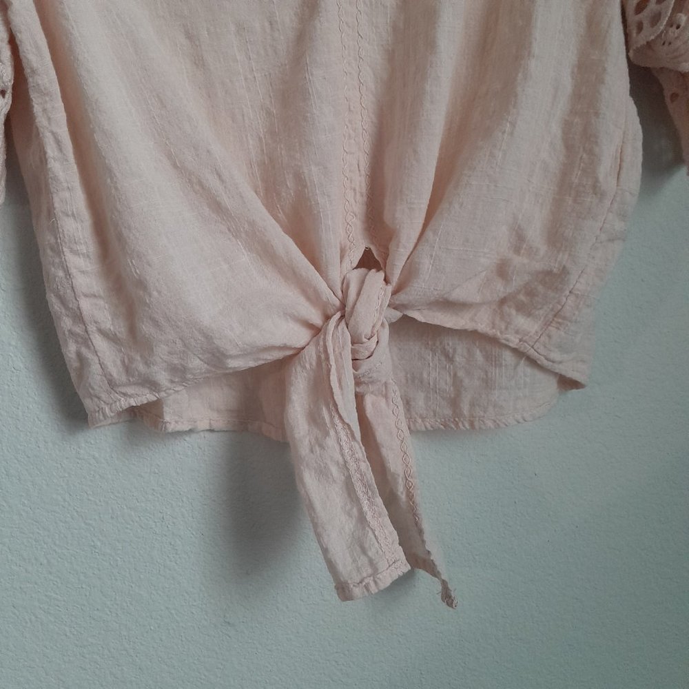 Max Studio Romantic Ethereal V-Neck Gauzy Tie Front Eyelet Top Blush Pink Size S - Picture 8 of 12